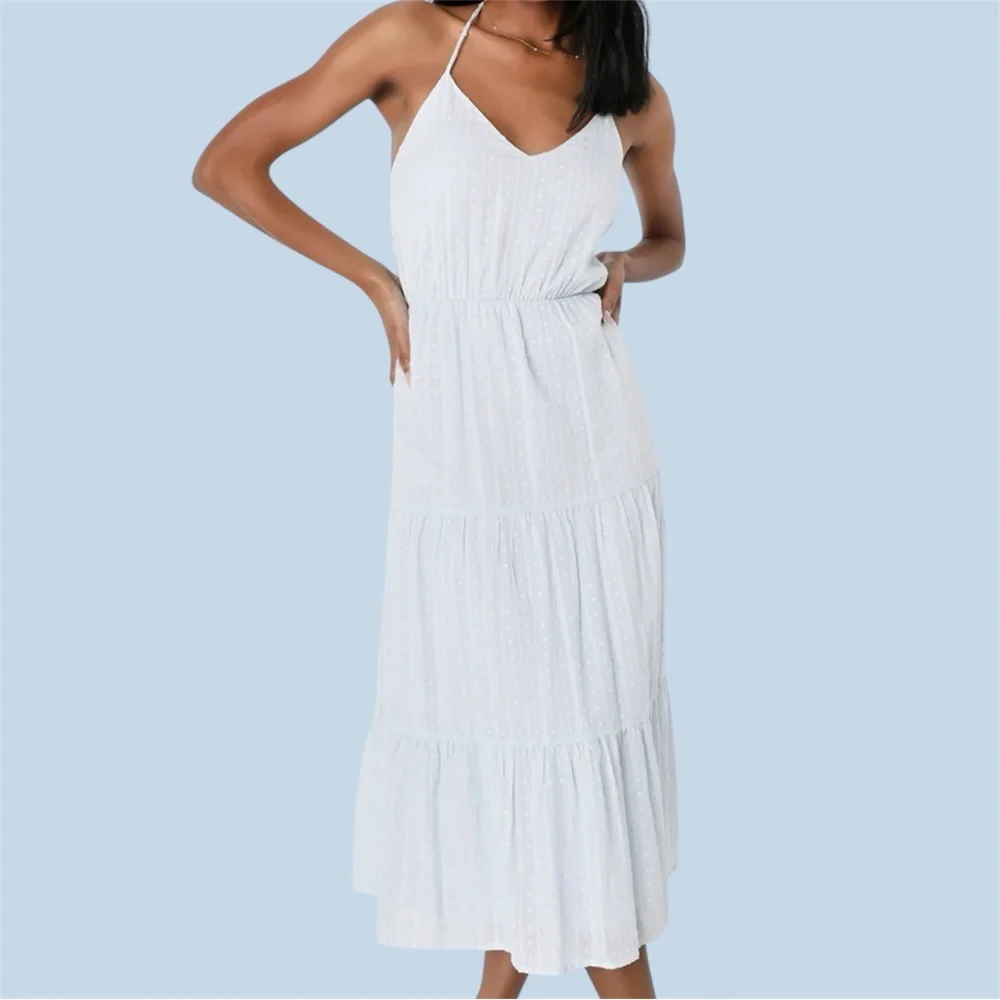 Lulus Sunny Reverie Light Blue Swiss Dot Lurex Halter Midi Dress - Picture 1 of 9